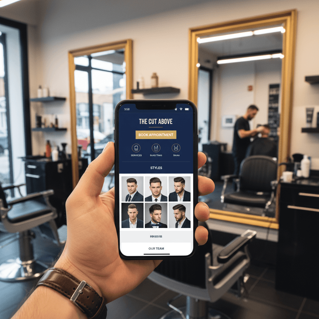 Barbershop appointment booking website on smartphone in salon setting