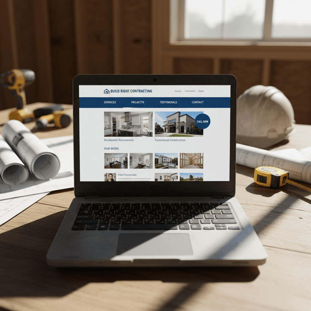 Contractor website on laptop showing services and past project gallery