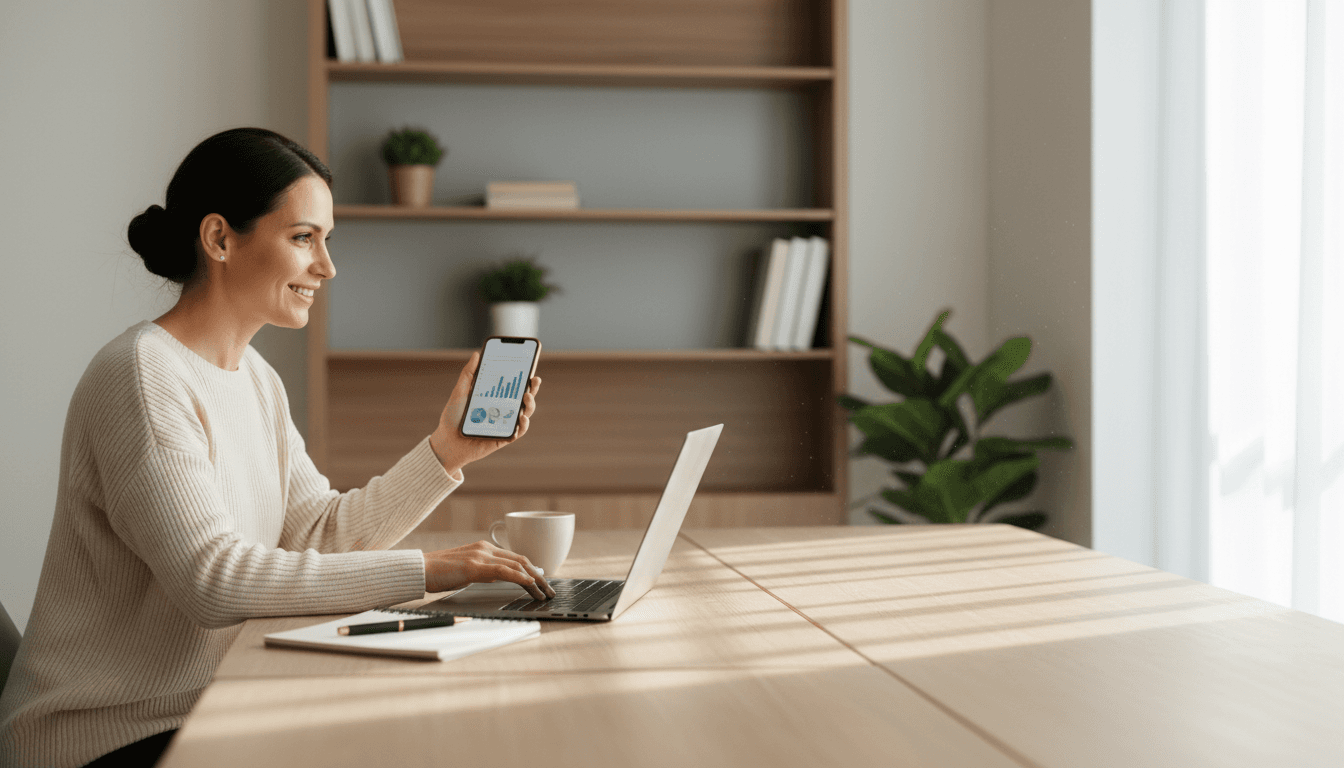 Small business owner reviewing their new website on mobile and desktop devices at a professional workspace