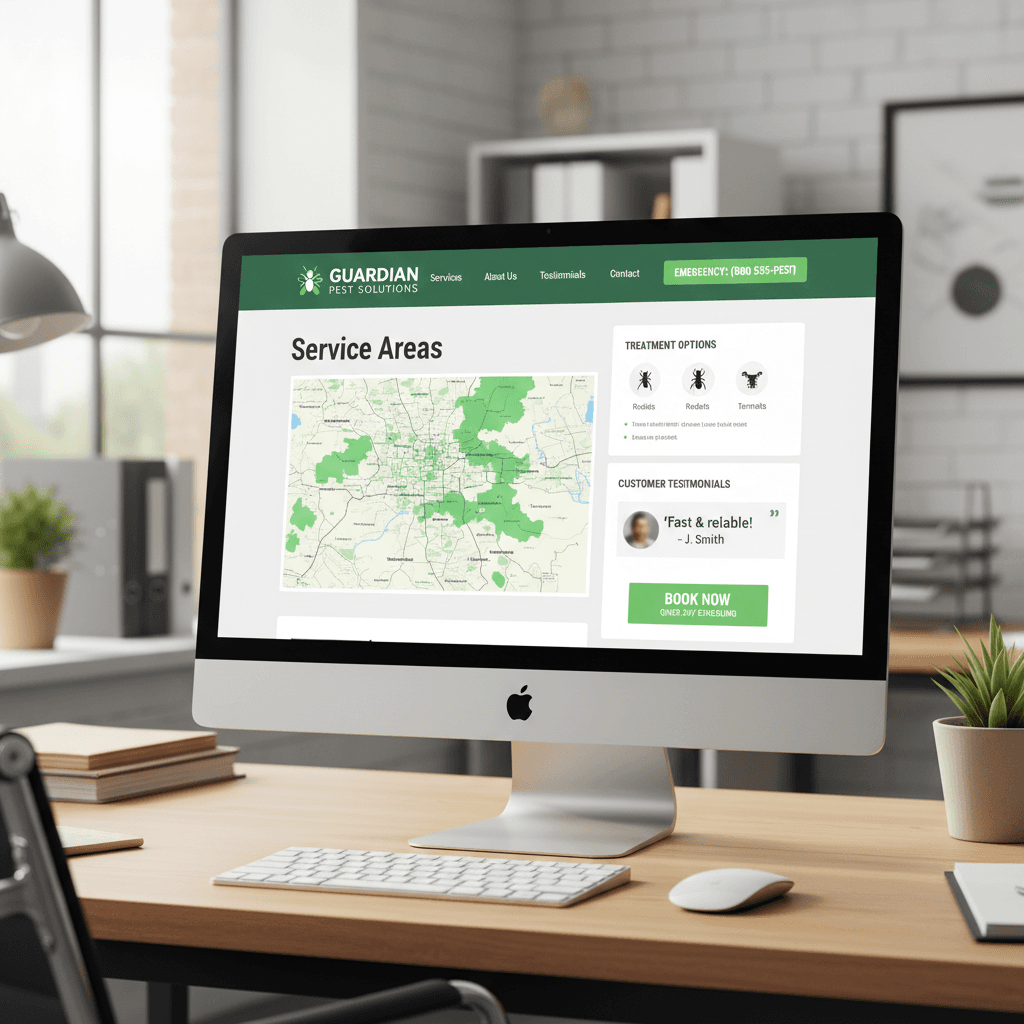 Pest control company website on desktop with service map and emergency button