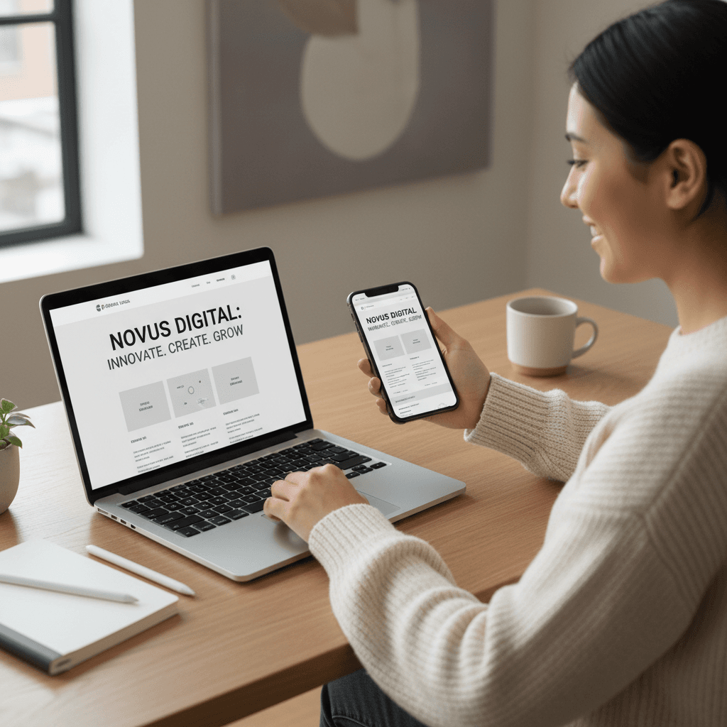 Business owner viewing website on mobile and desktop