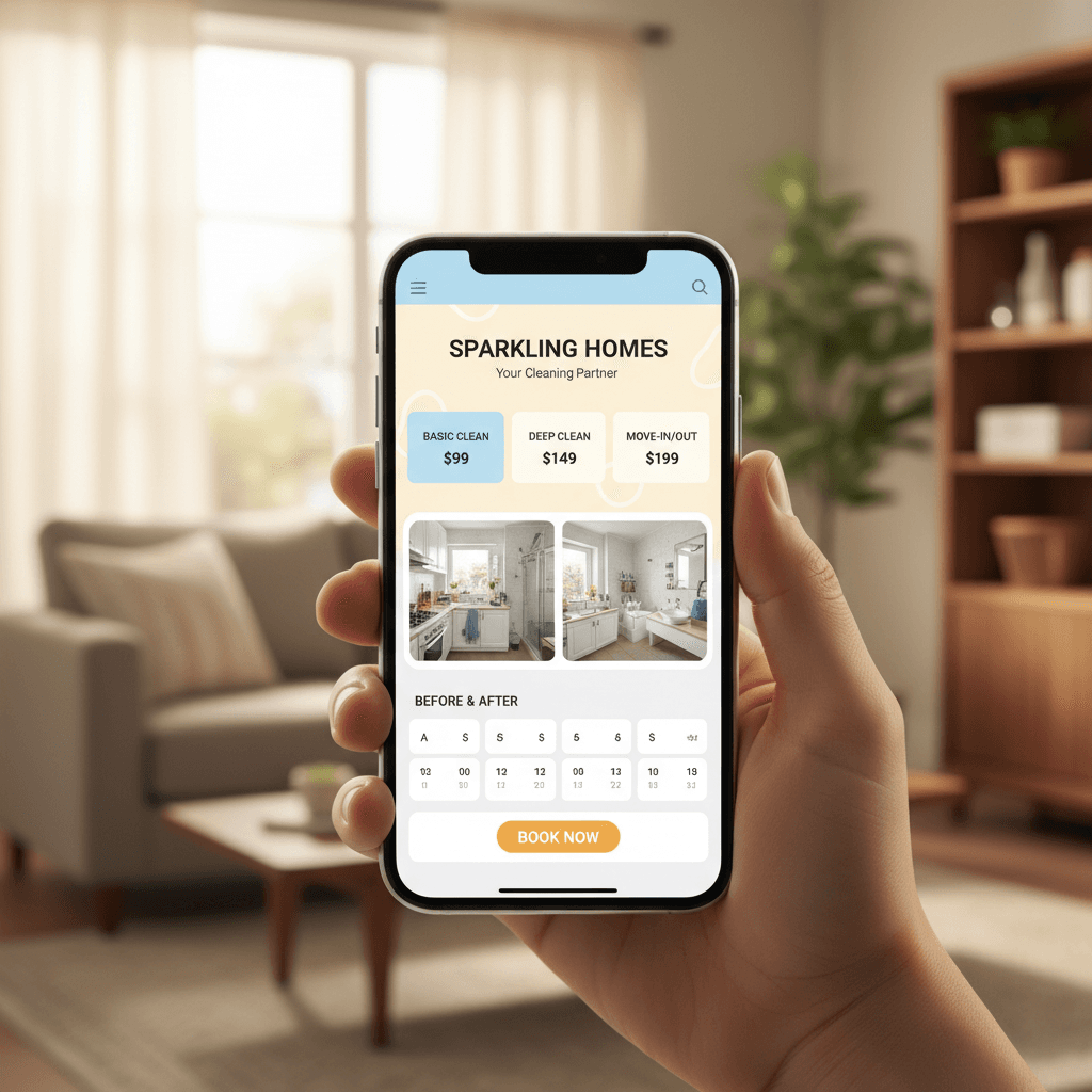 Cleaning services website on smartphone showing packages and booking options