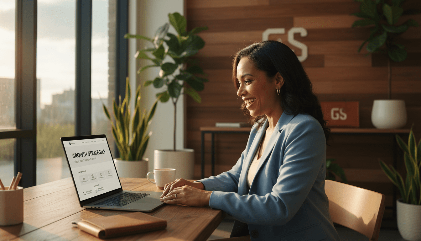 Small business owner viewing their new professional website on laptop