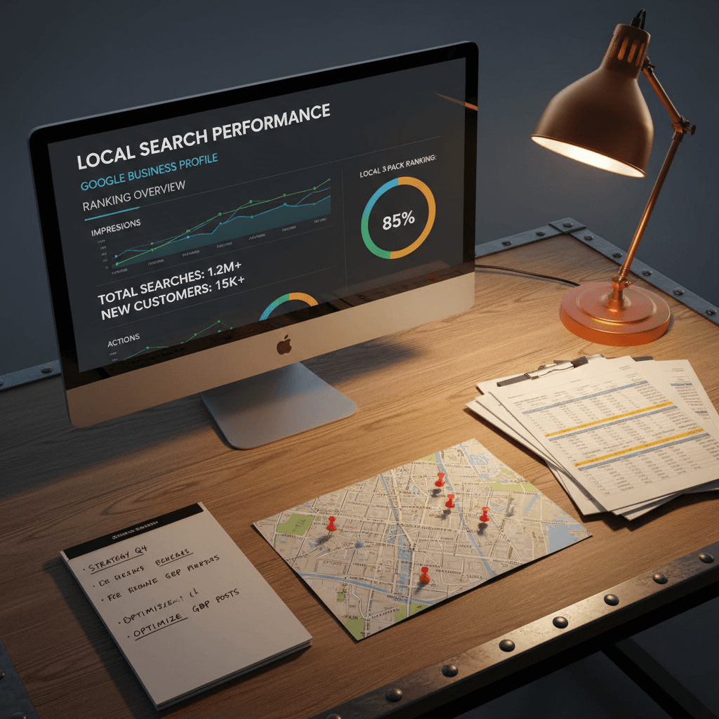 Analytics dashboard showing local SEO performance and metrics