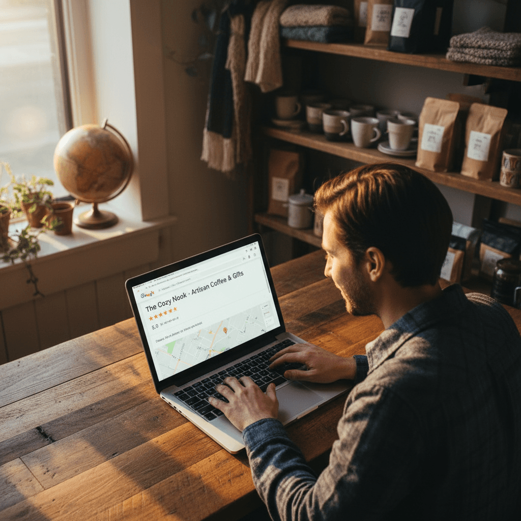 Small business owner checking Google search rankings on laptop