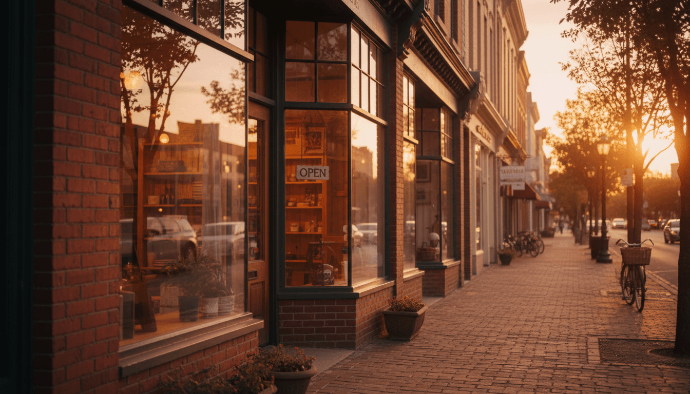 A welcoming Main Street storefront at golden hour with warm lighting and authentic local charm