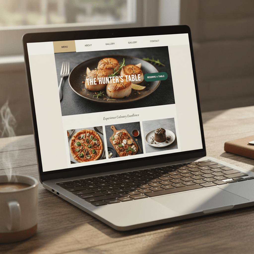 Restaurant website displayed on a laptop screen with clean design and reservation button
