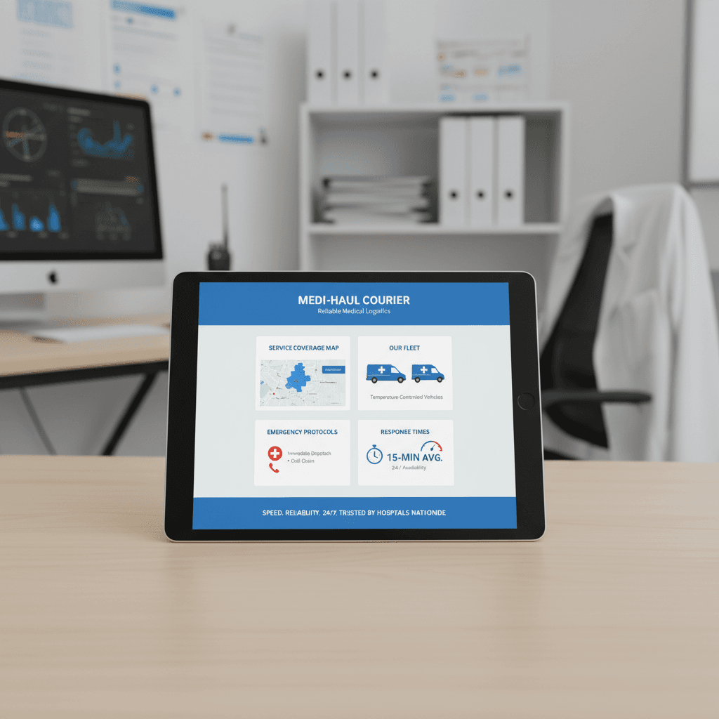 Medical courier website on tablet showing service coverage and response information