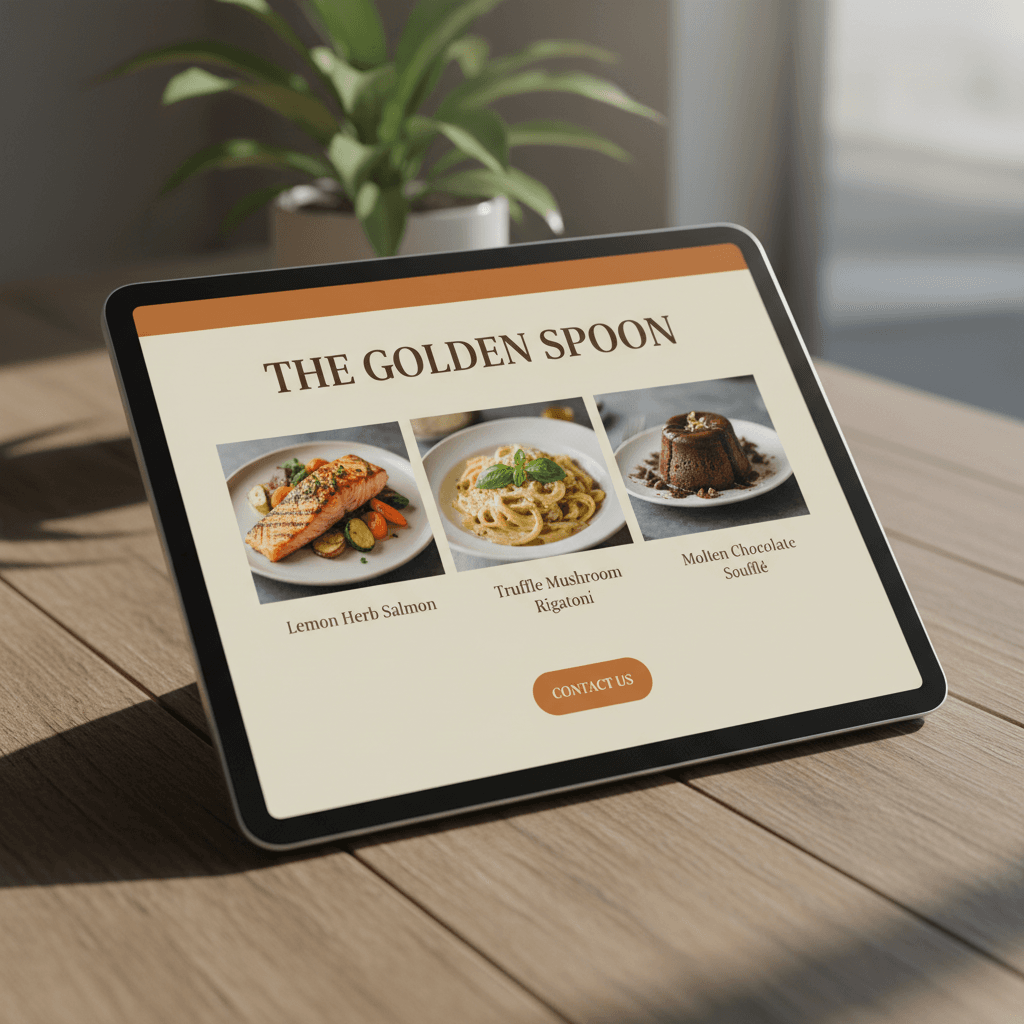 Restaurant website displayed on tablet with menu and contact information