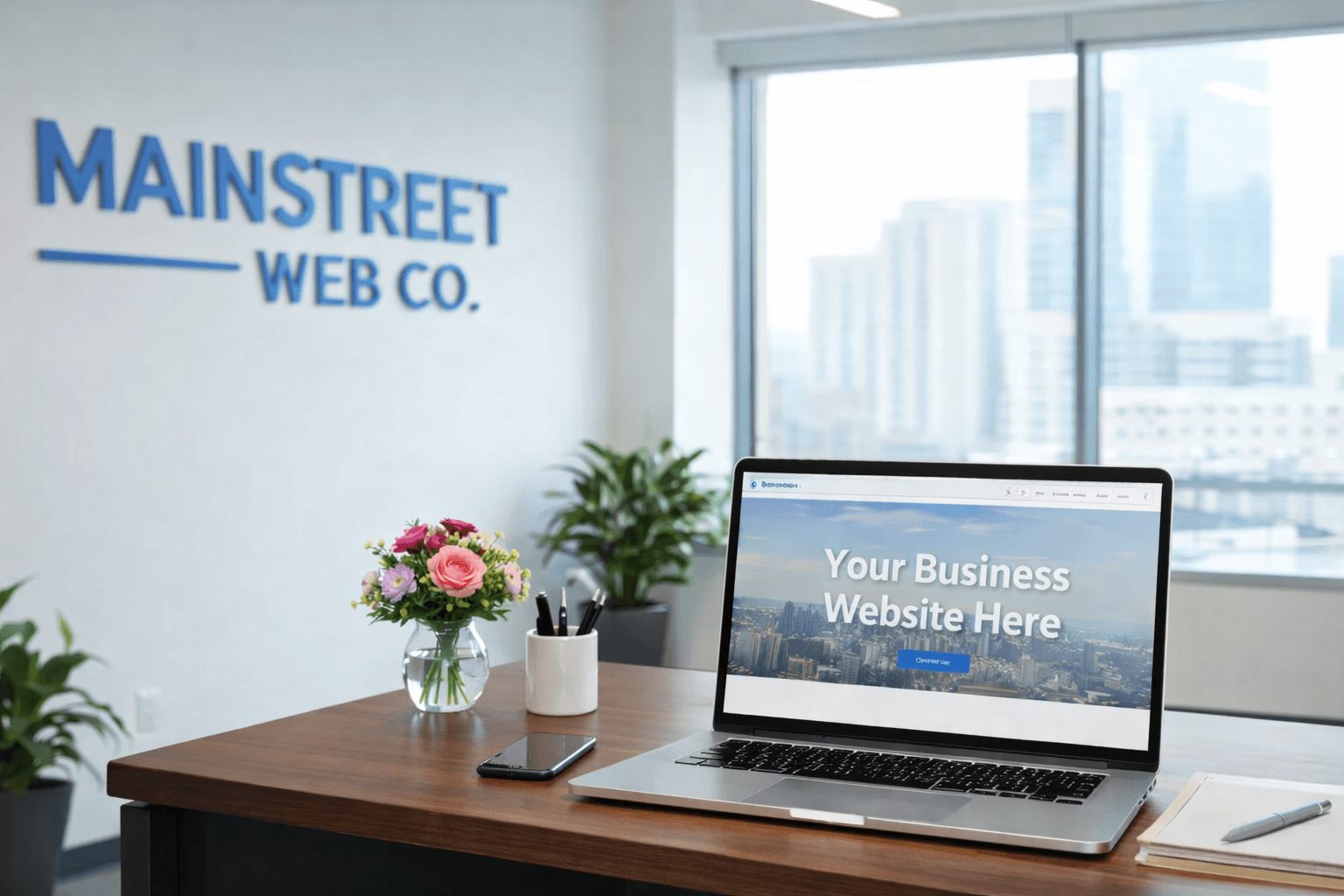 Mainstreet Web Co. office, laptop displaying "Your Business Website Here" with city view.